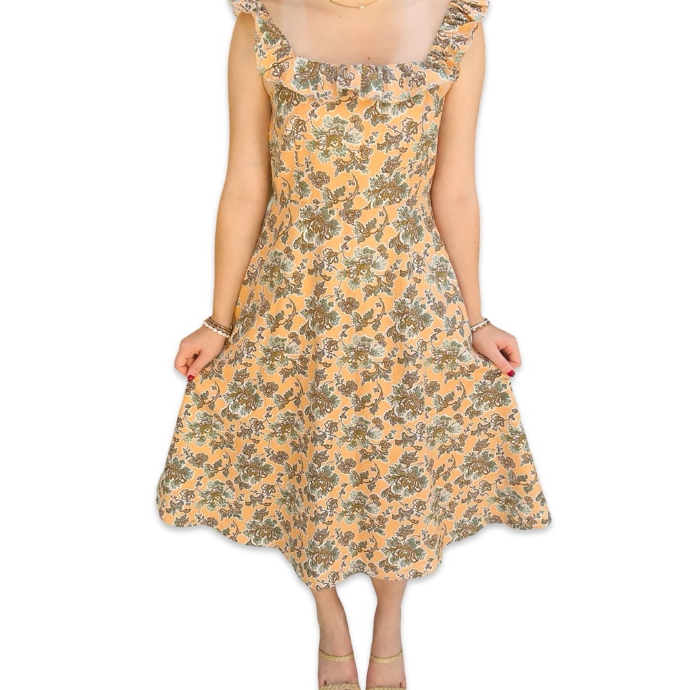 Floral Cotton Linen Ruffle Square Neck Flare Dress